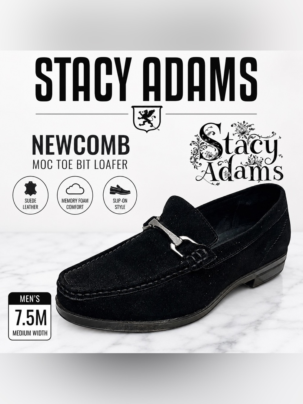 Stacy Adams Newcomb Moc Toe Bit Loafers Men’s Size 7.5M Black Suede Slip-On